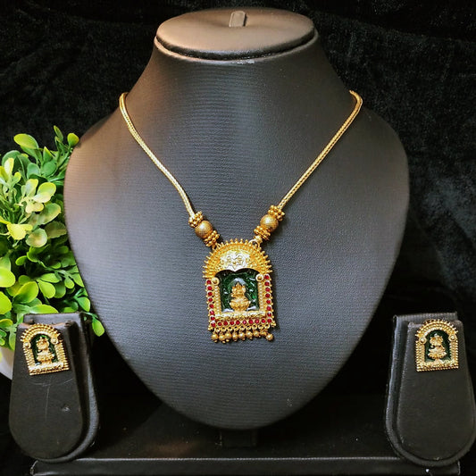 Antique Temple Jewellery Necklace – Gold-Plated Goddess Pendant with Red Enamel & Green Stones