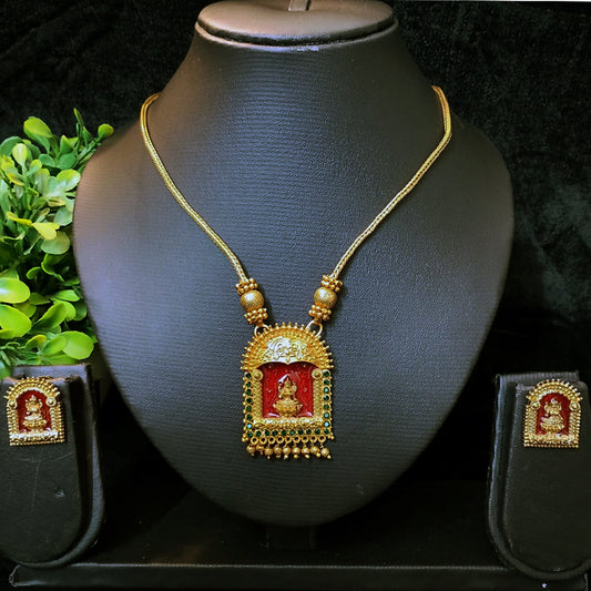 Antique Temple Jewellery Necklace – Gold-Plated Goddess Pendant with Red Enamel & Green Stones